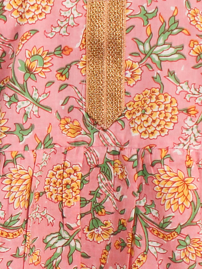 Woonie Half Sleeves Floral Print Kurti & Sharara Set- Pink