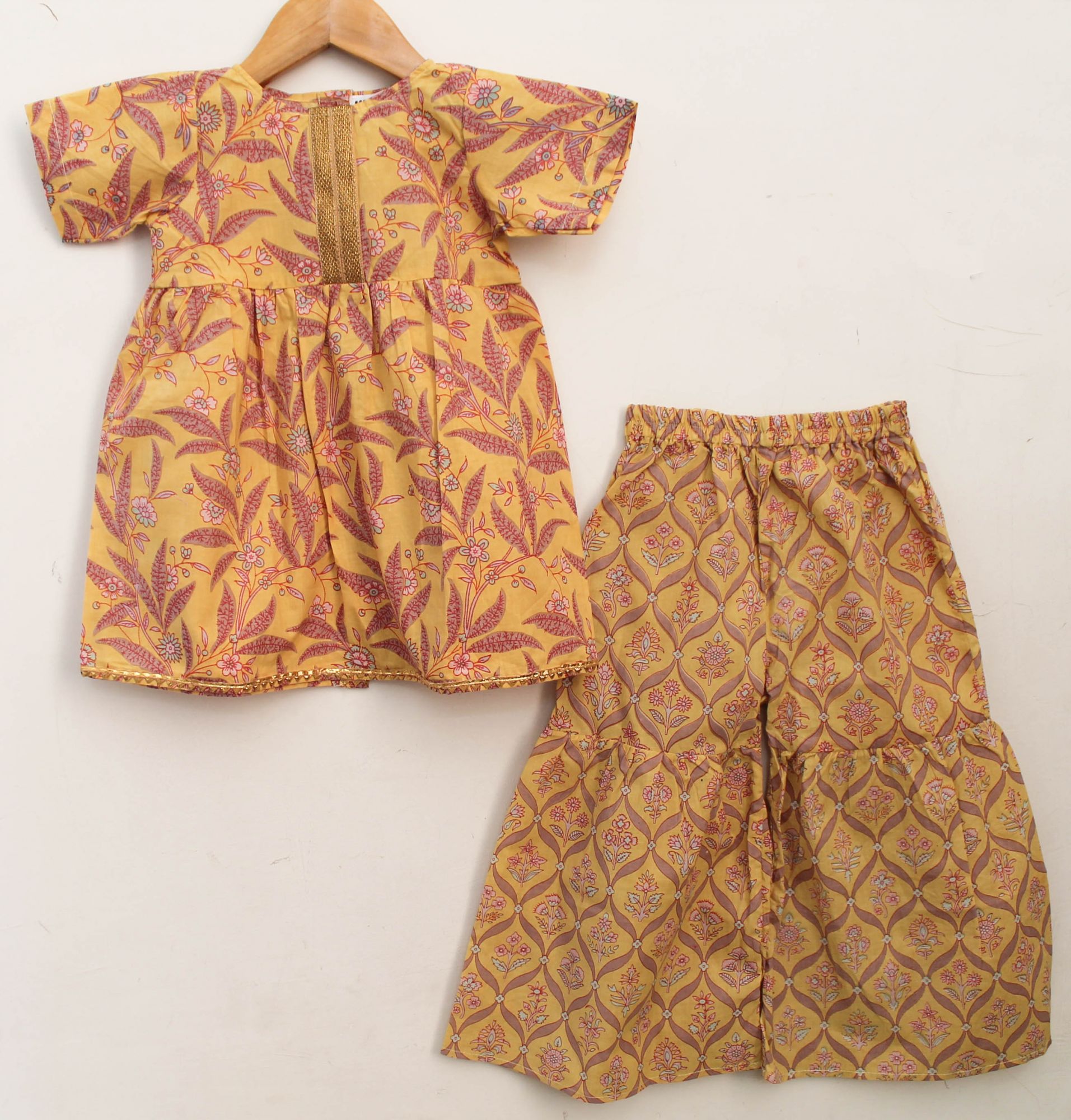 Woonie Half Sleeves Floral Block Print Kurti & Sharara Set- Yellow