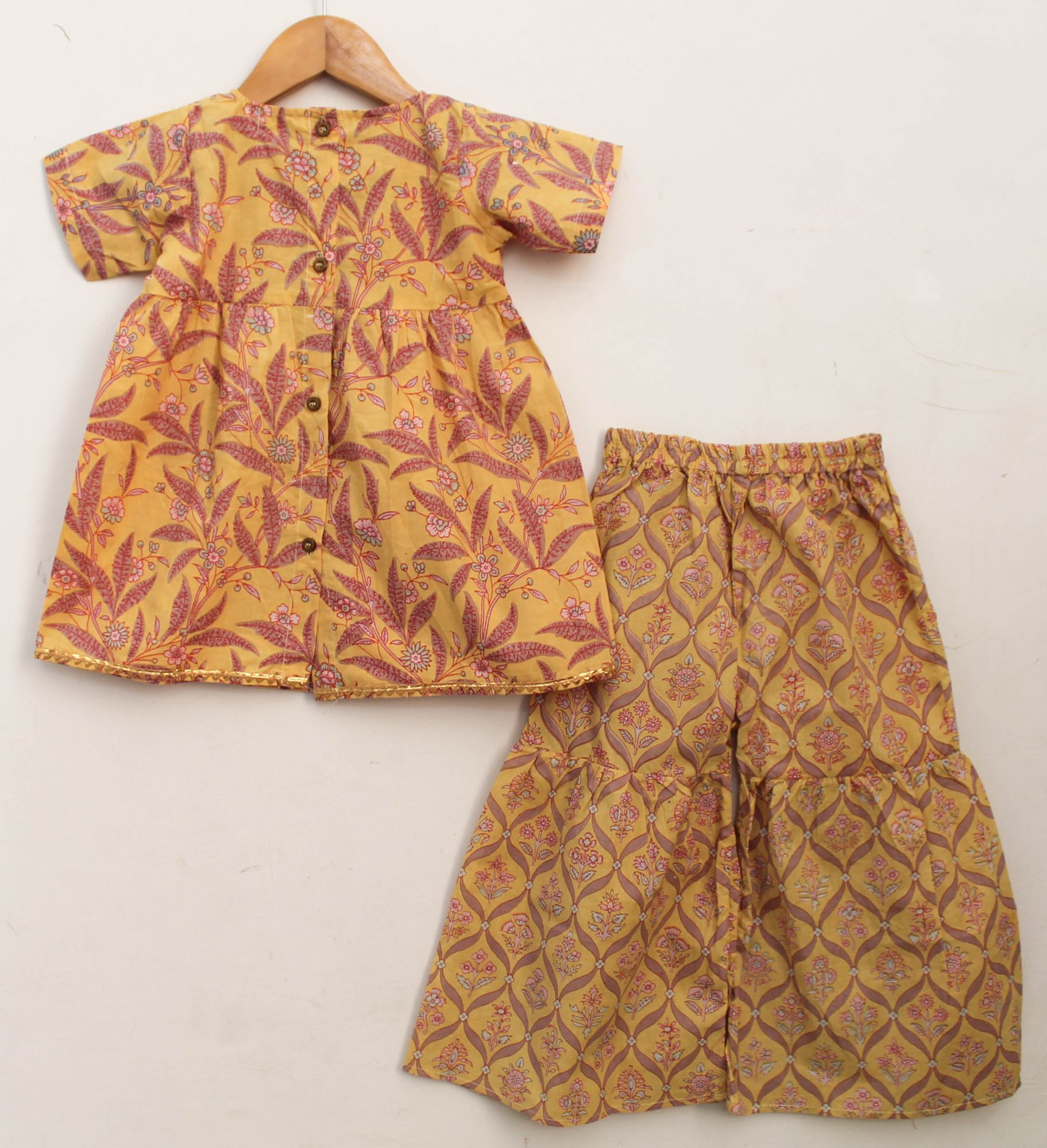 Woonie Half Sleeves Floral Block Print Kurti & Sharara Set- Yellow