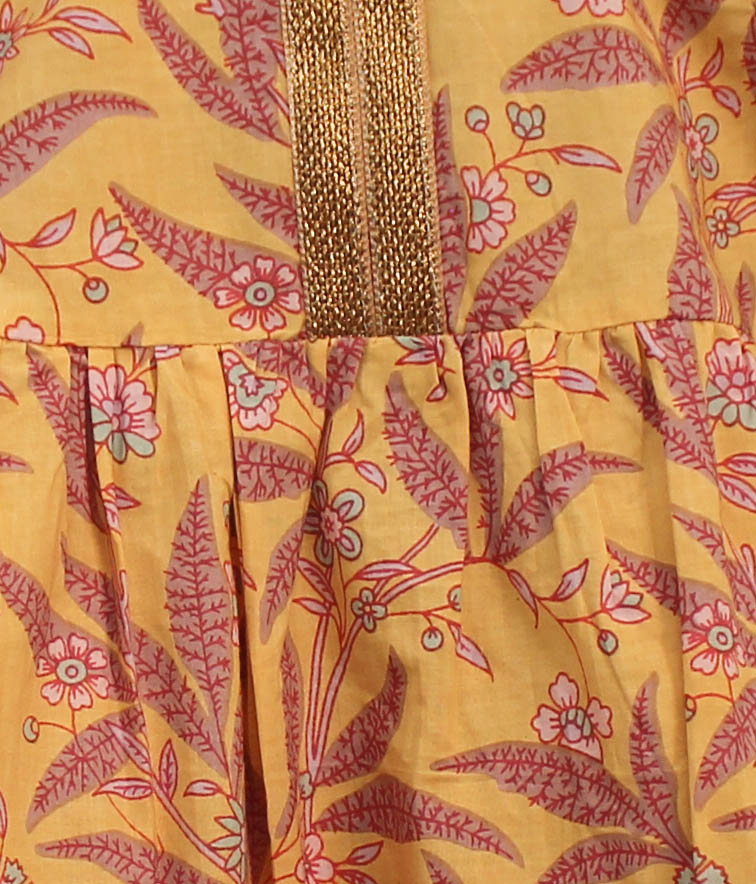 Woonie Half Sleeves Floral Block Print Kurti & Sharara Set- Yellow