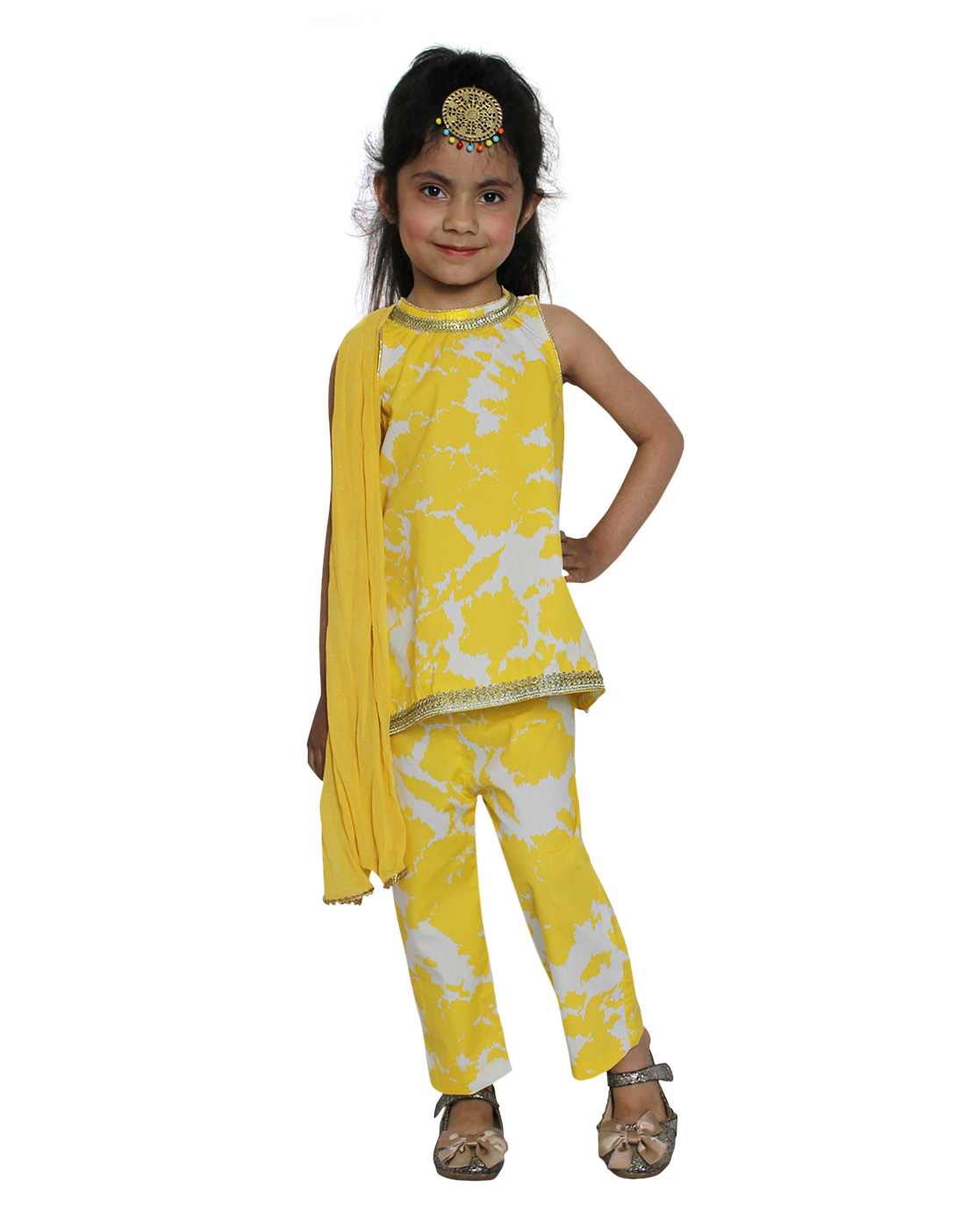 Woonie Sleeveless Abstract Design Kurta With Pants & Dupatta - Yellow