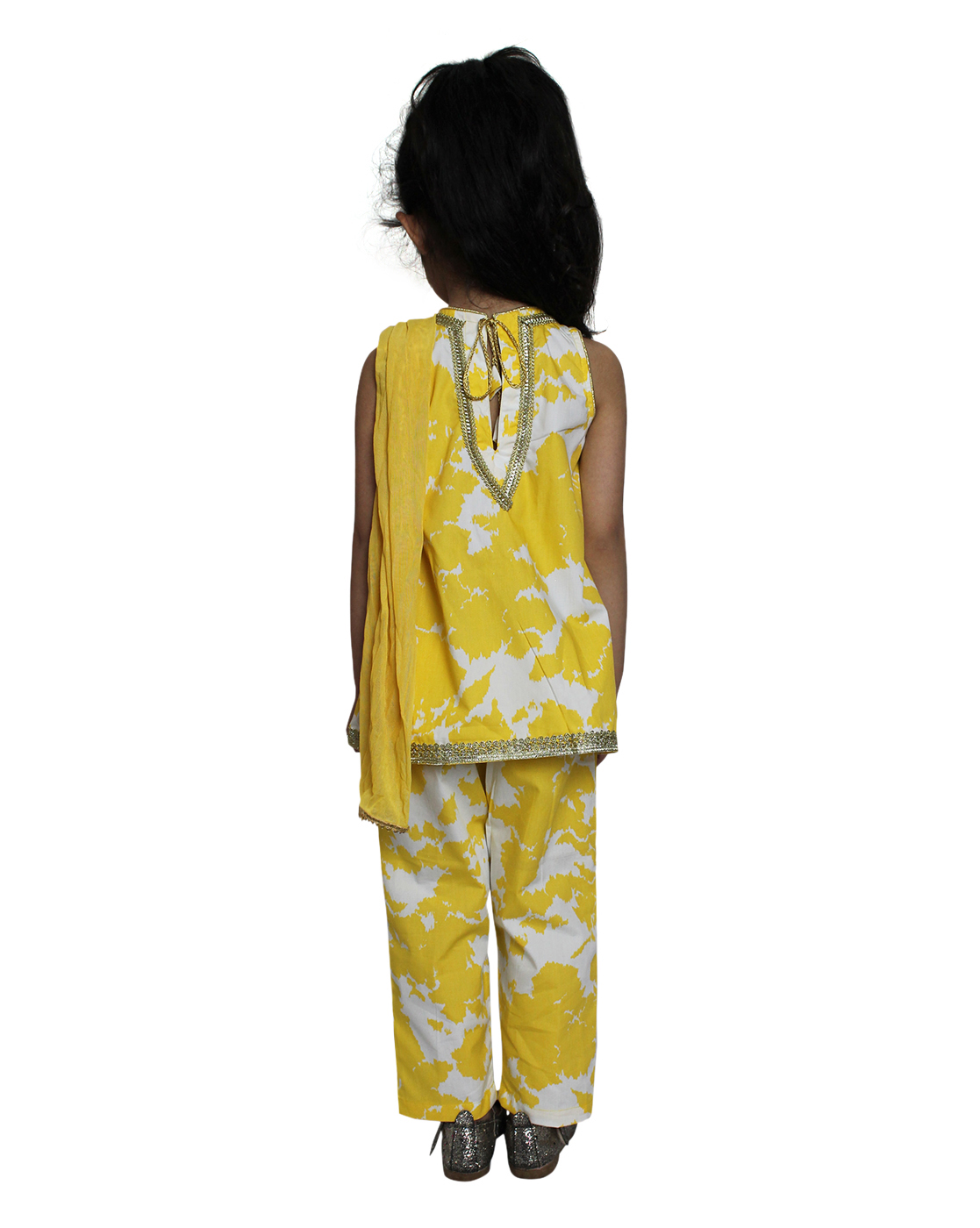 Woonie Sleeveless Abstract Design Kurta With Pants & Dupatta - Yellow