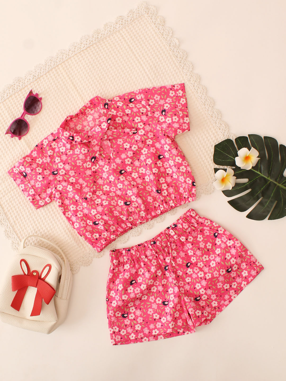 Girls Front Neck Tie-up Half Sleeves Pink Cotton Co ord Set