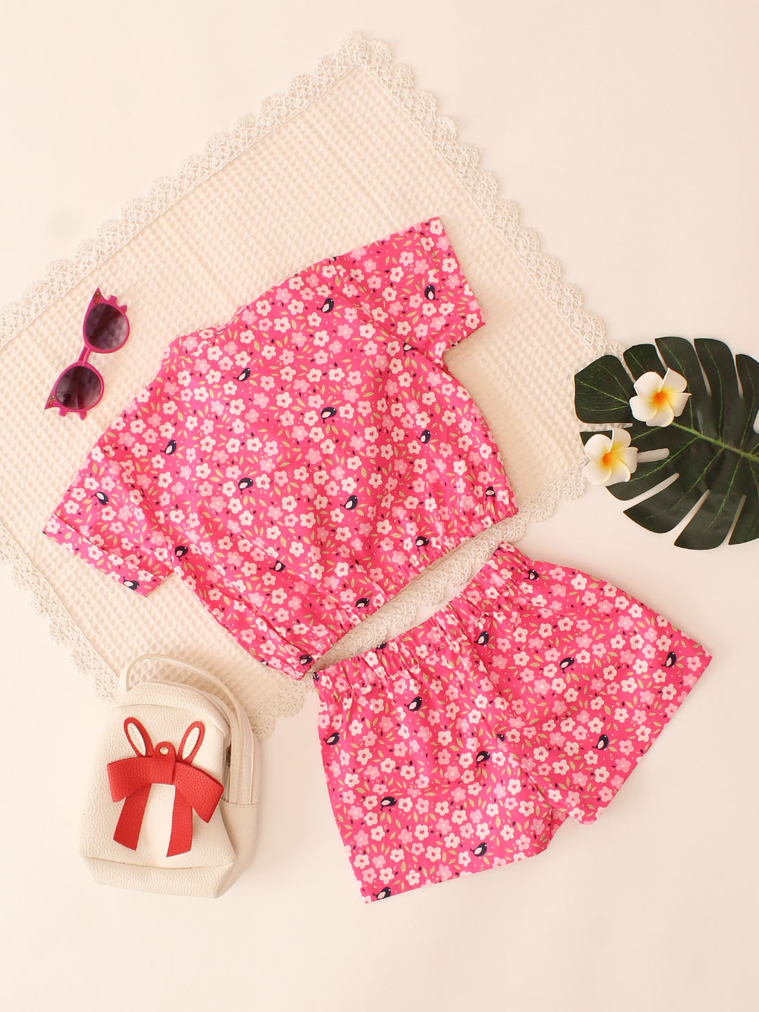 Girls Front Neck Tie-up Half Sleeves Pink Cotton Co ord Set