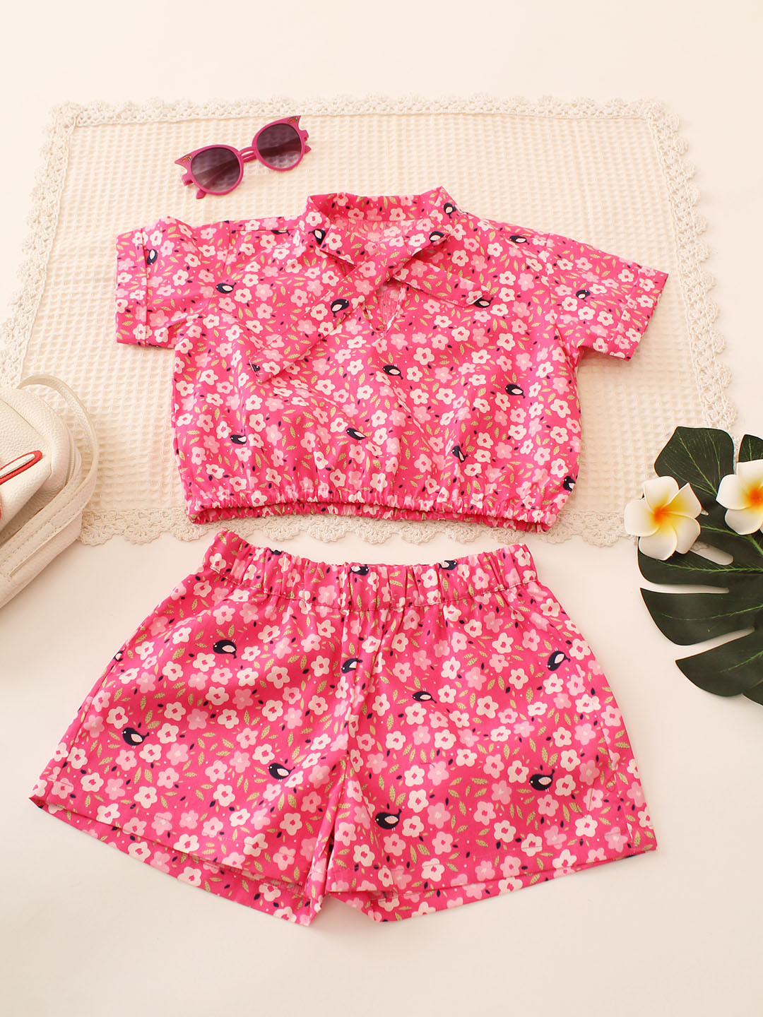 Girls Front Neck Tie-up Half Sleeves Pink Cotton Co ord Set