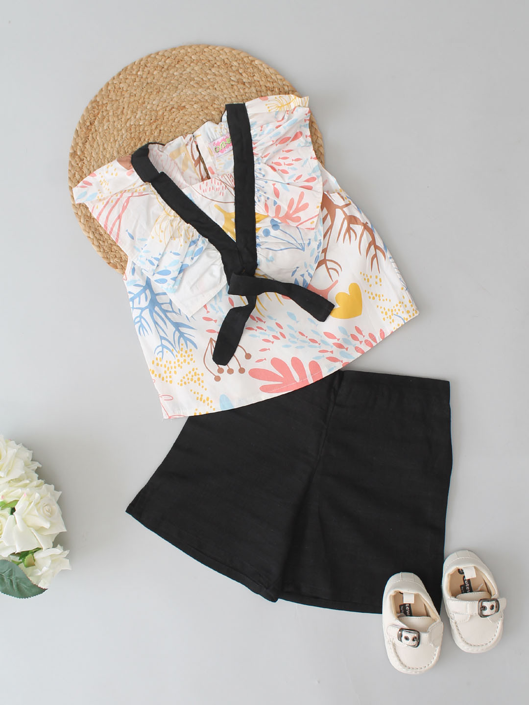 Girls Printed Summer Co ord Set with Top and Shorts - White