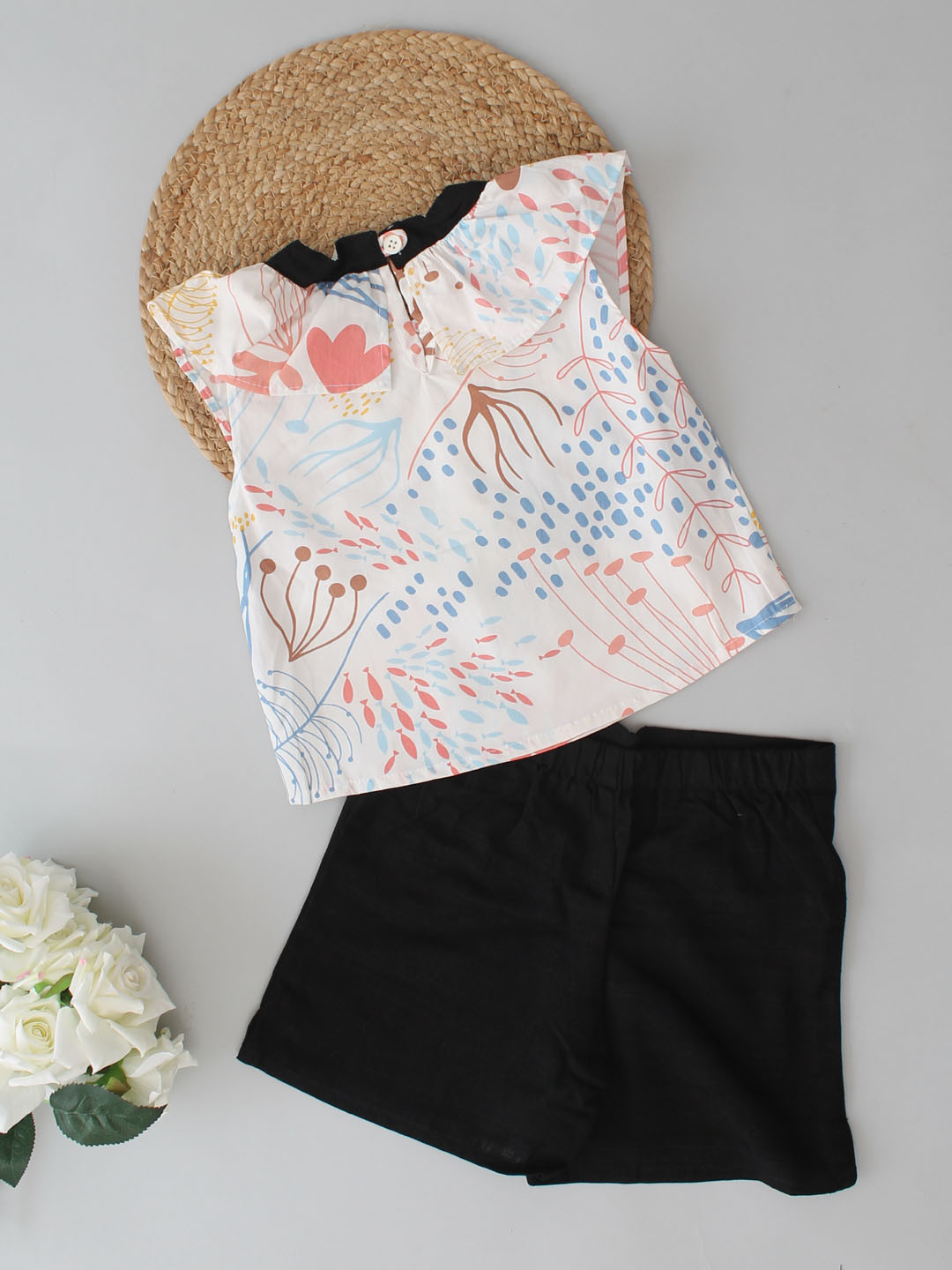 Girls Printed Summer Co ord Set with Top and Shorts - White
