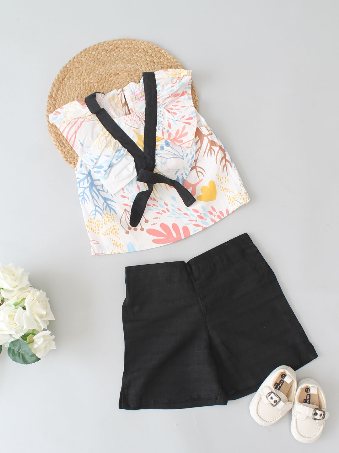 Girls Printed Summer Co ord Set with Top and Shorts - White