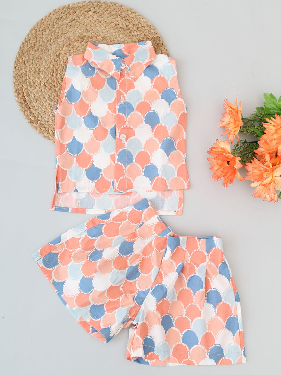 Girls Sleeveless Abstract Printed Collar Detail Co ord Set-Orange