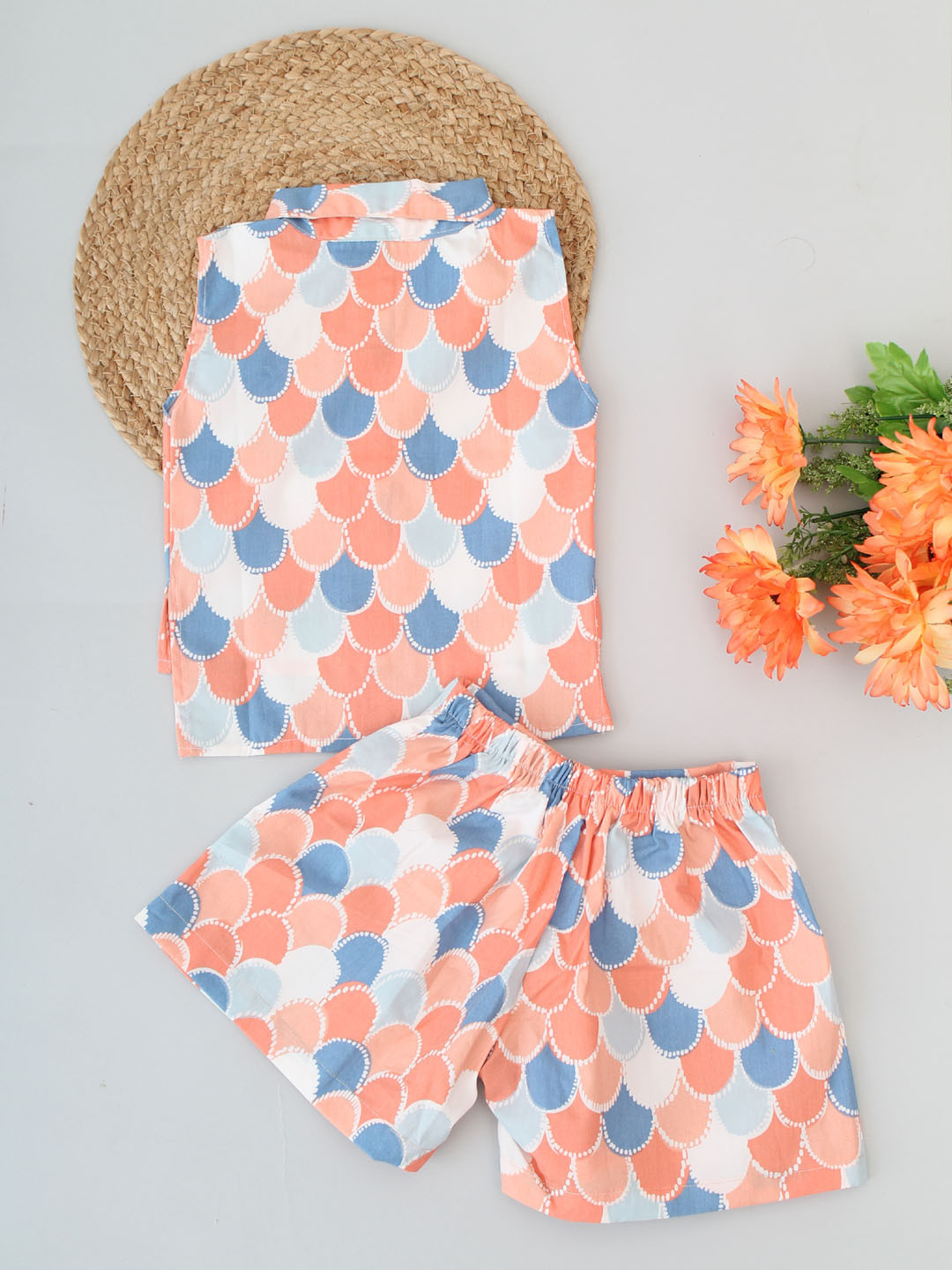 Girls Sleeveless Abstract Printed Collar Detail Co ord Set-Orange