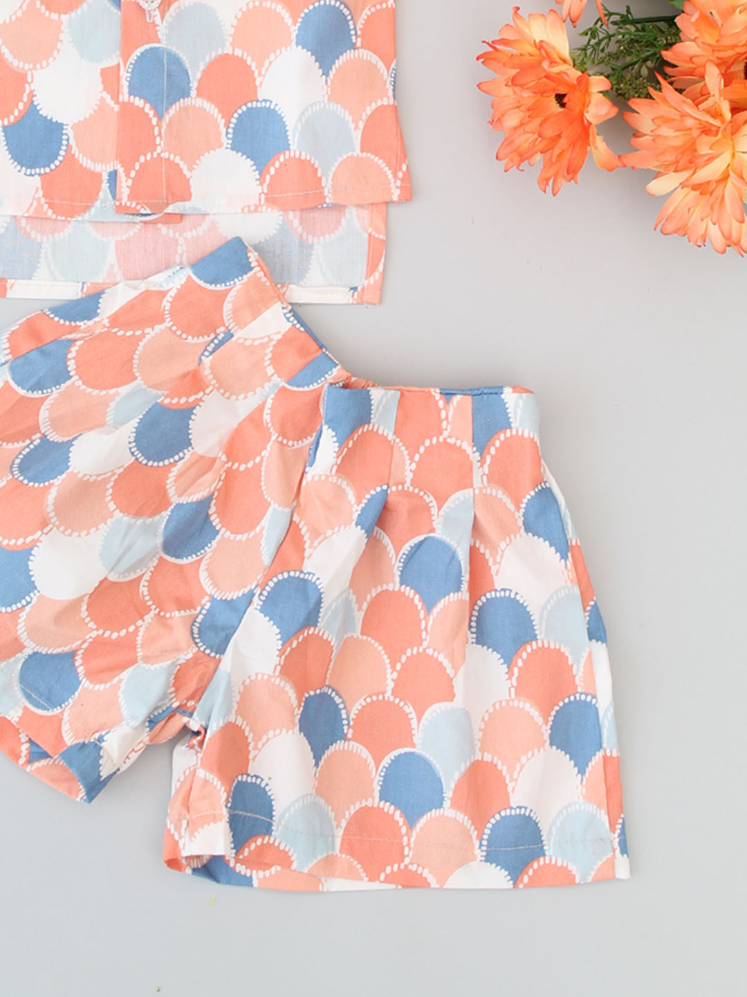 Girls Sleeveless Abstract Printed Collar Detail Co ord Set-Orange