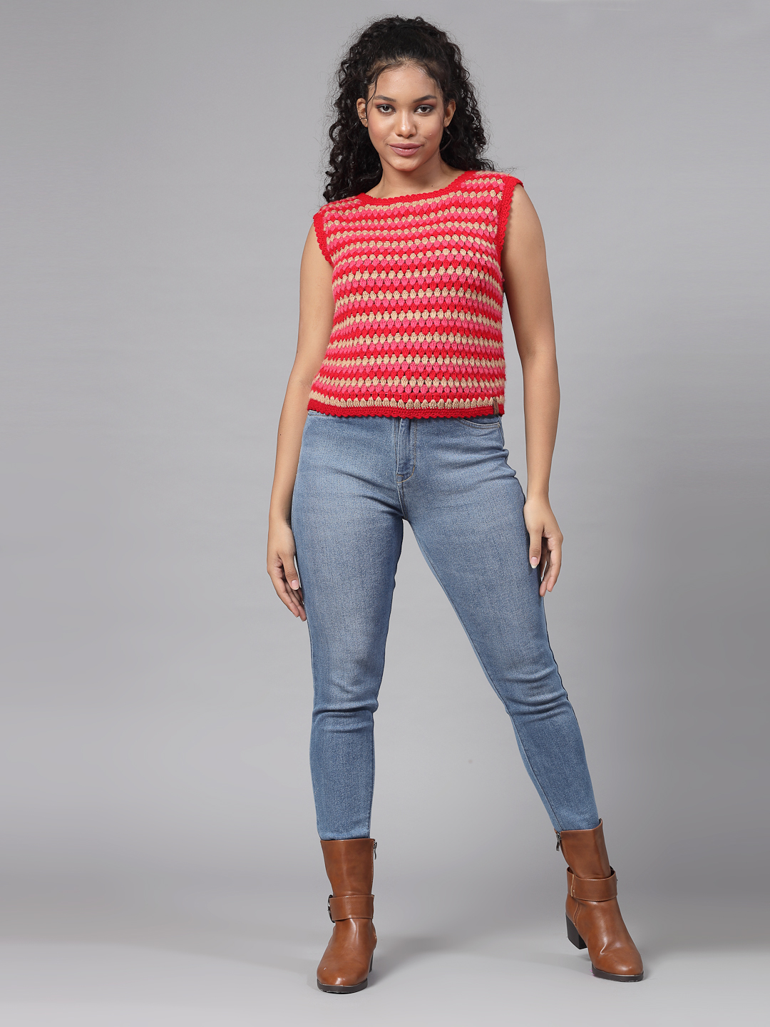 Granny Flat Stitch Dual Coloured Sleeveless Sweater Vest - Red