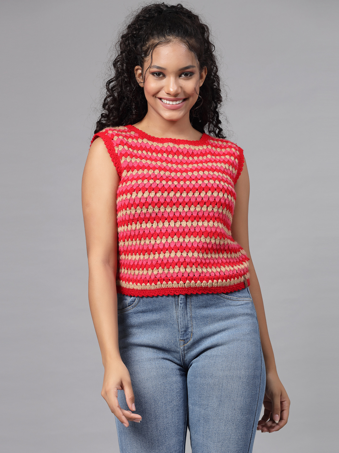 Granny Flat Stitch Dual Coloured Sleeveless Sweater Vest - Red