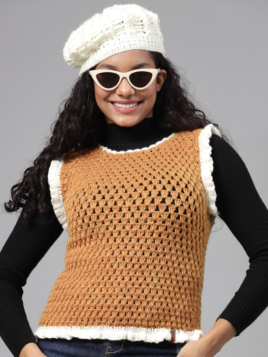 Granny Flat Stitch Sleeveless Sweater with Ruffles - Mustard