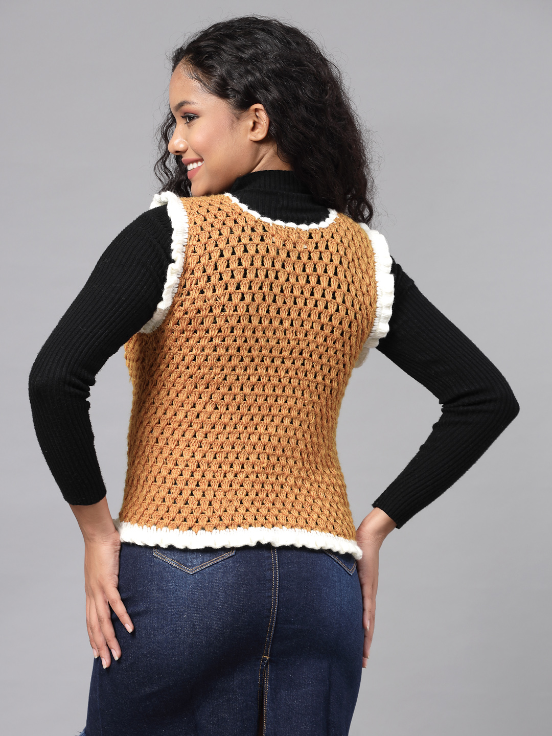 Granny Flat Stitch Sleeveless Sweater with Ruffles - Mustard