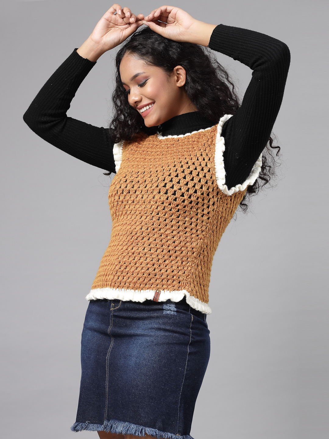 Granny Flat Stitch Sleeveless Sweater with Ruffles - Mustard