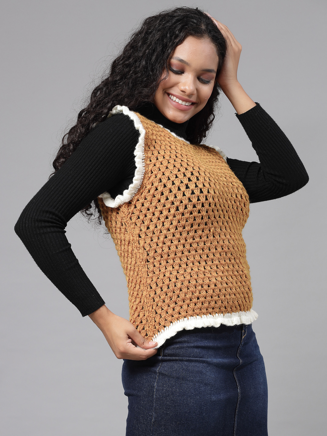 Granny Flat Stitch Sleeveless Sweater with Ruffles - Mustard
