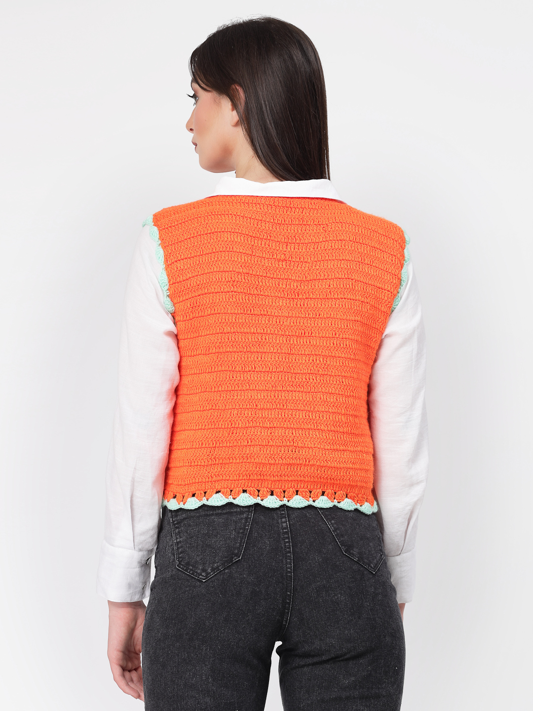 Women Trendy Granny Square Cardigan - Orange