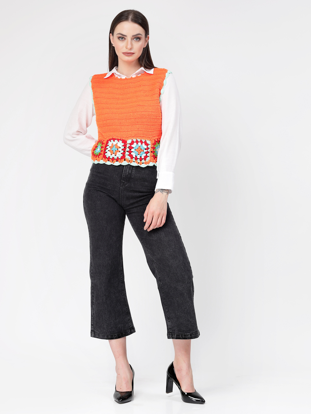 Women Trendy Granny Square Cardigan - Orange