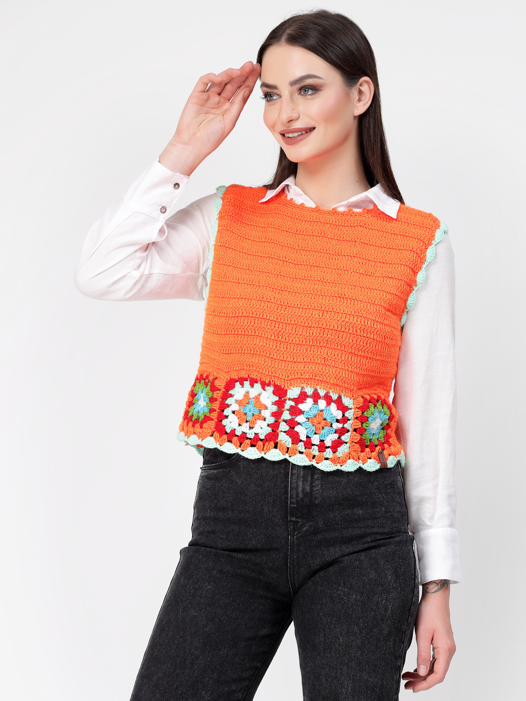 Women Trendy Granny Square Cardigan - Orange