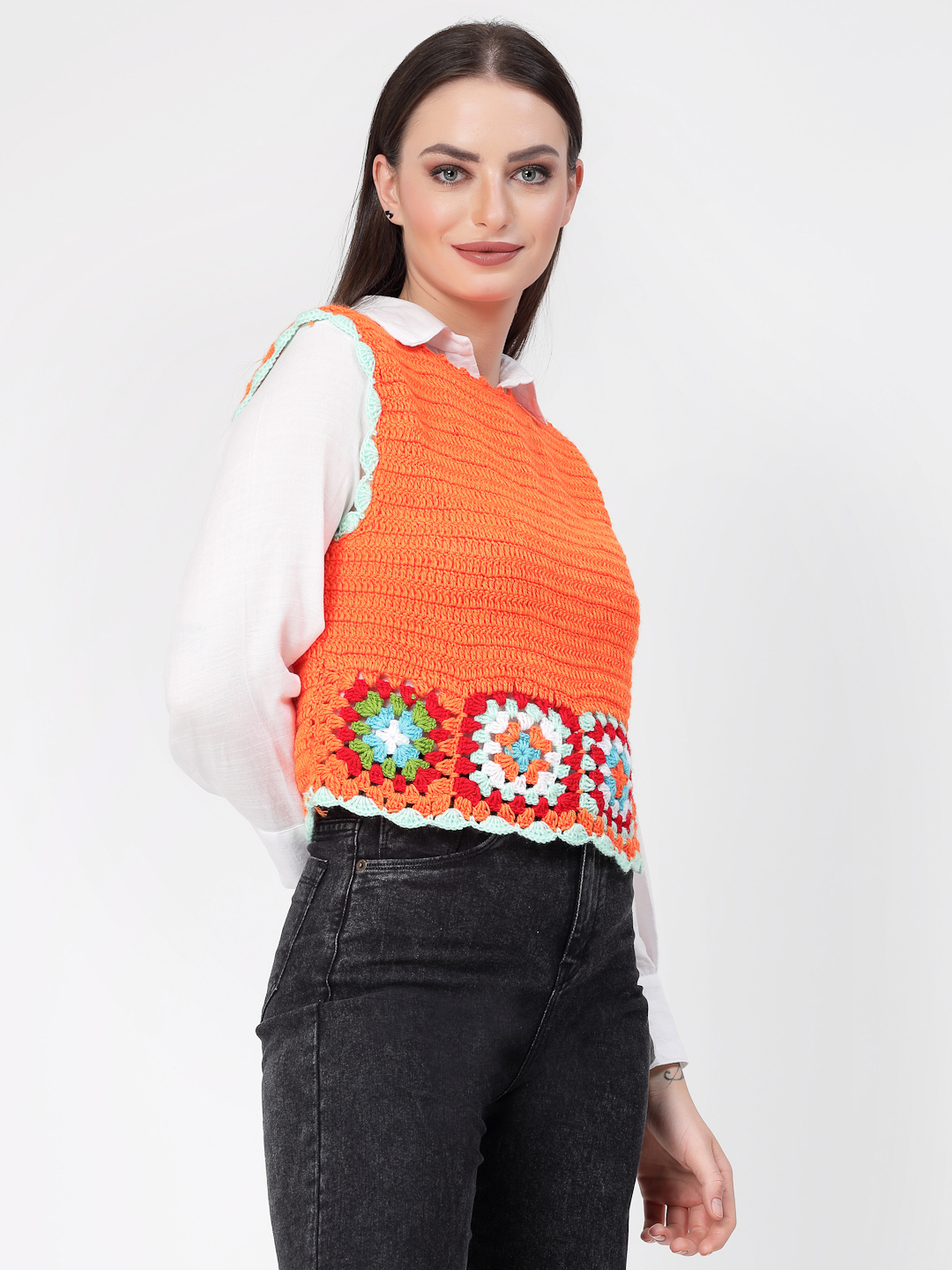Women Trendy Granny Square Cardigan - Orange