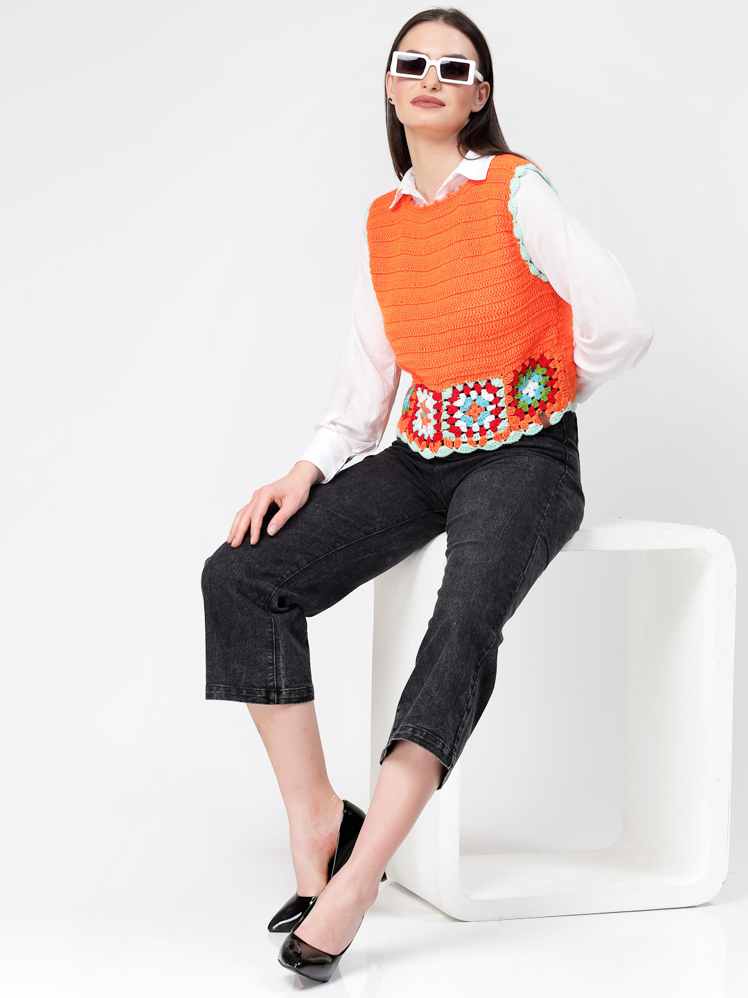 Women Trendy Granny Square Cardigan - Orange