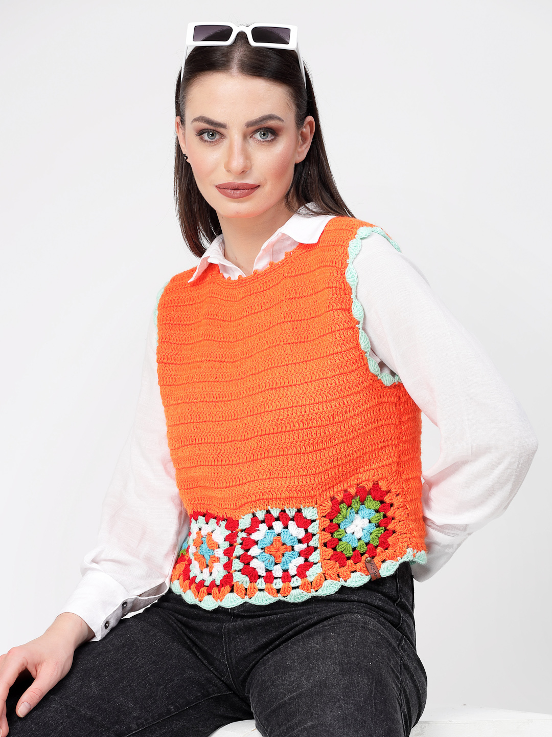 Women Trendy Granny Square Cardigan - Orange