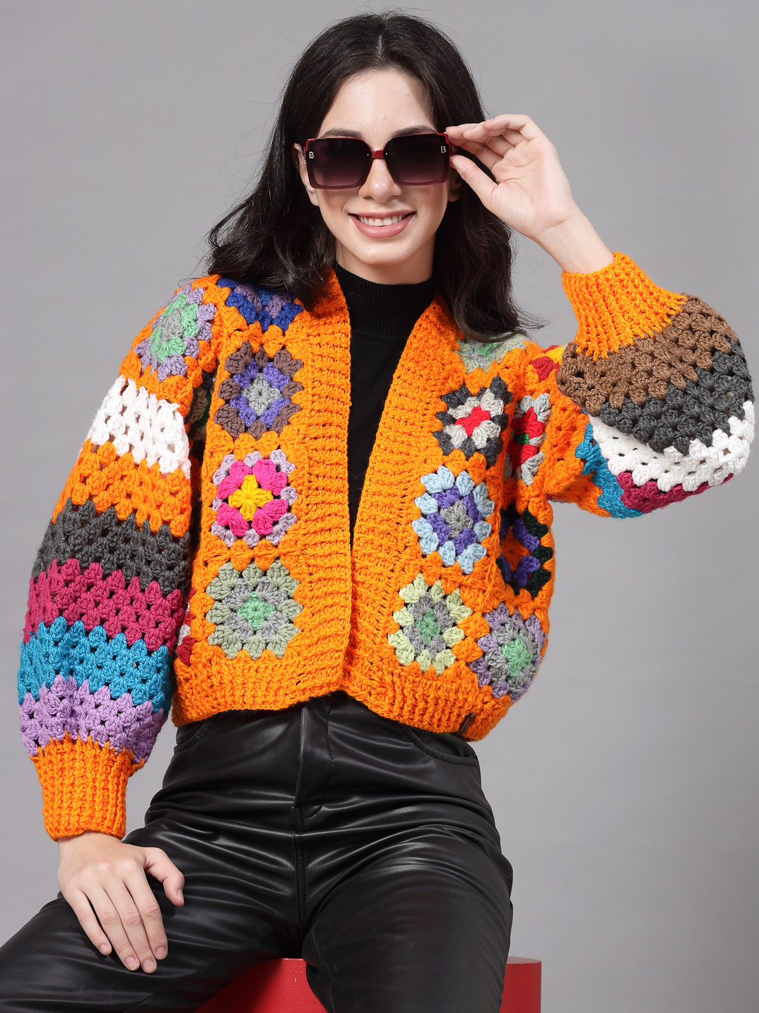 Granny Square Baggy Sweater for Women  Orange