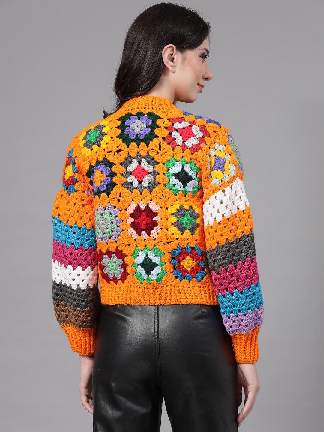 Granny Square Baggy Sweater for Women  Orange