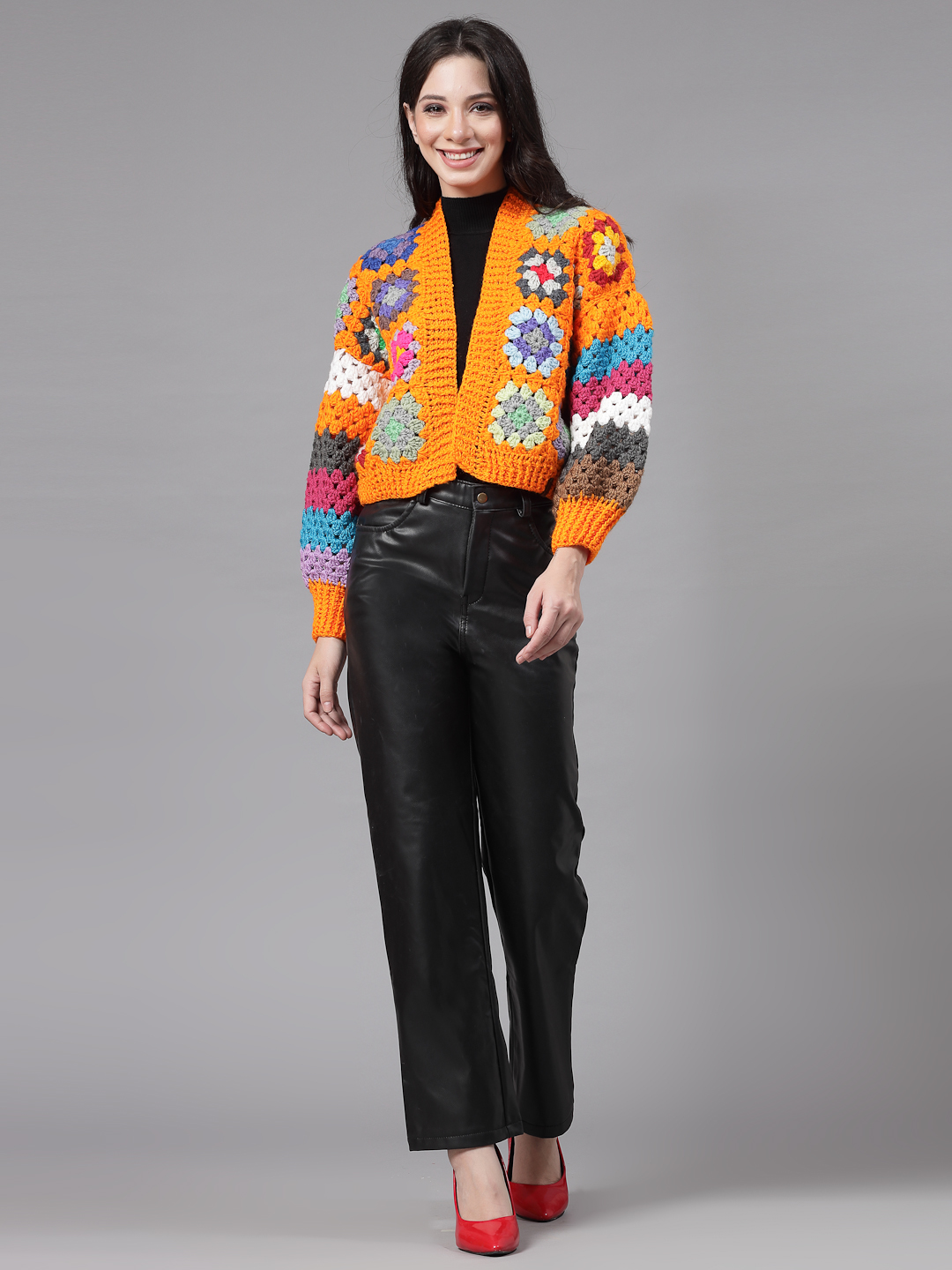 Granny Square Baggy Sweater for Women  Orange