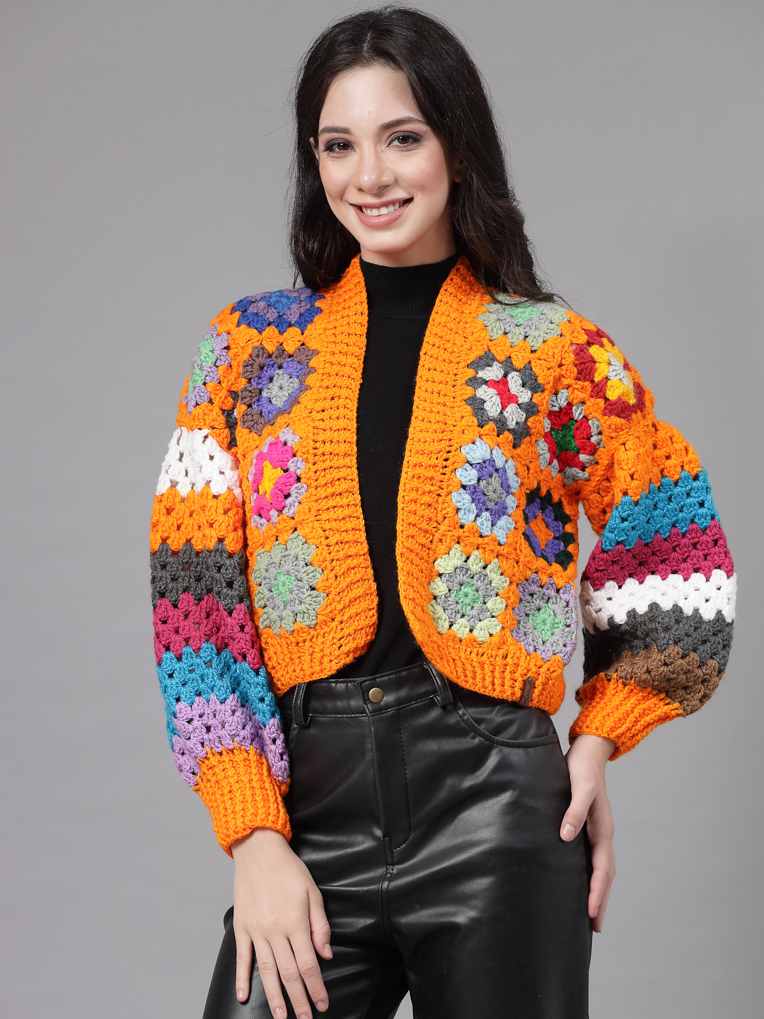 Granny Square Baggy Sweater for Women  Orange