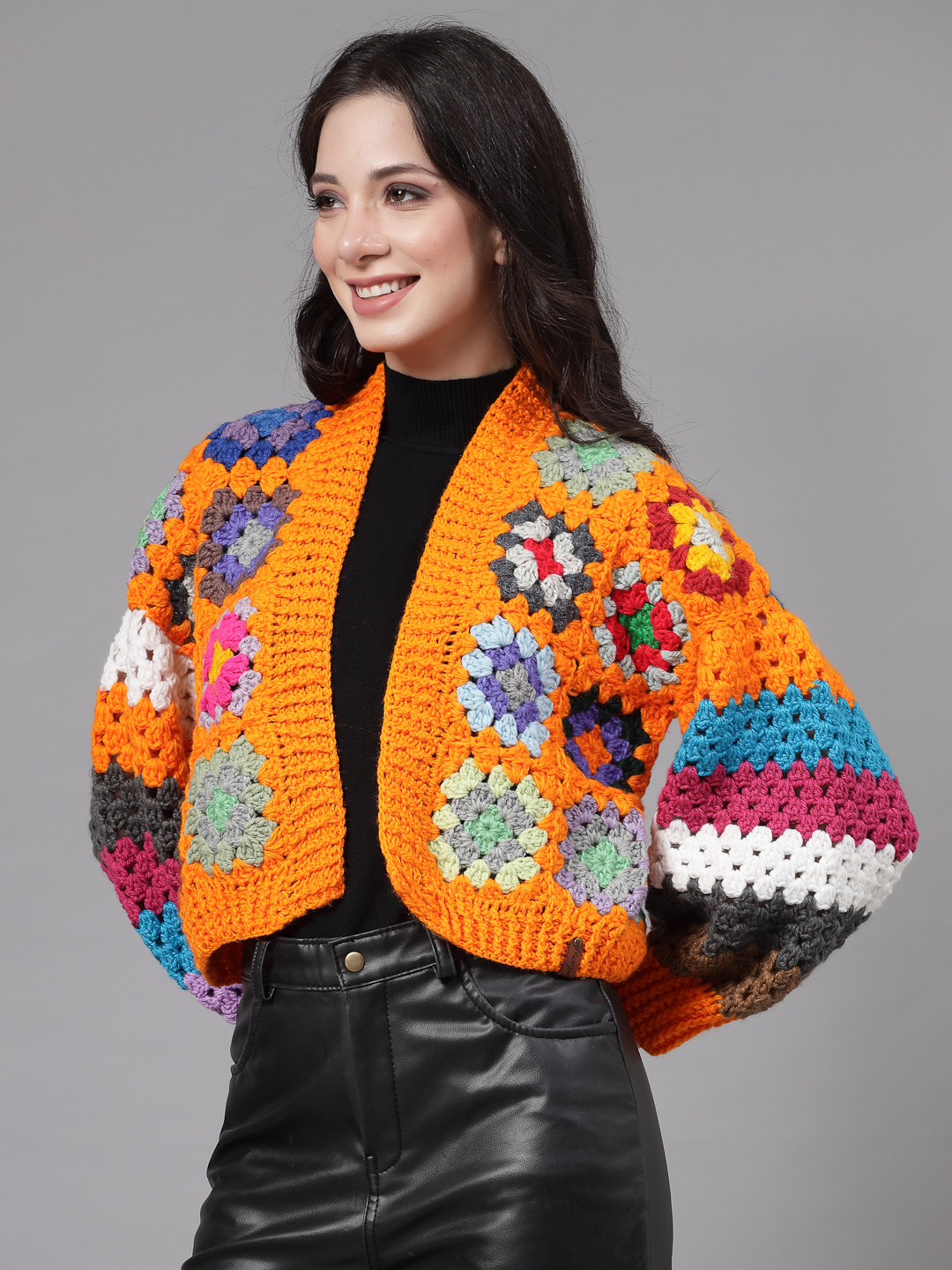 Granny Square Baggy Sweater for Women  Orange