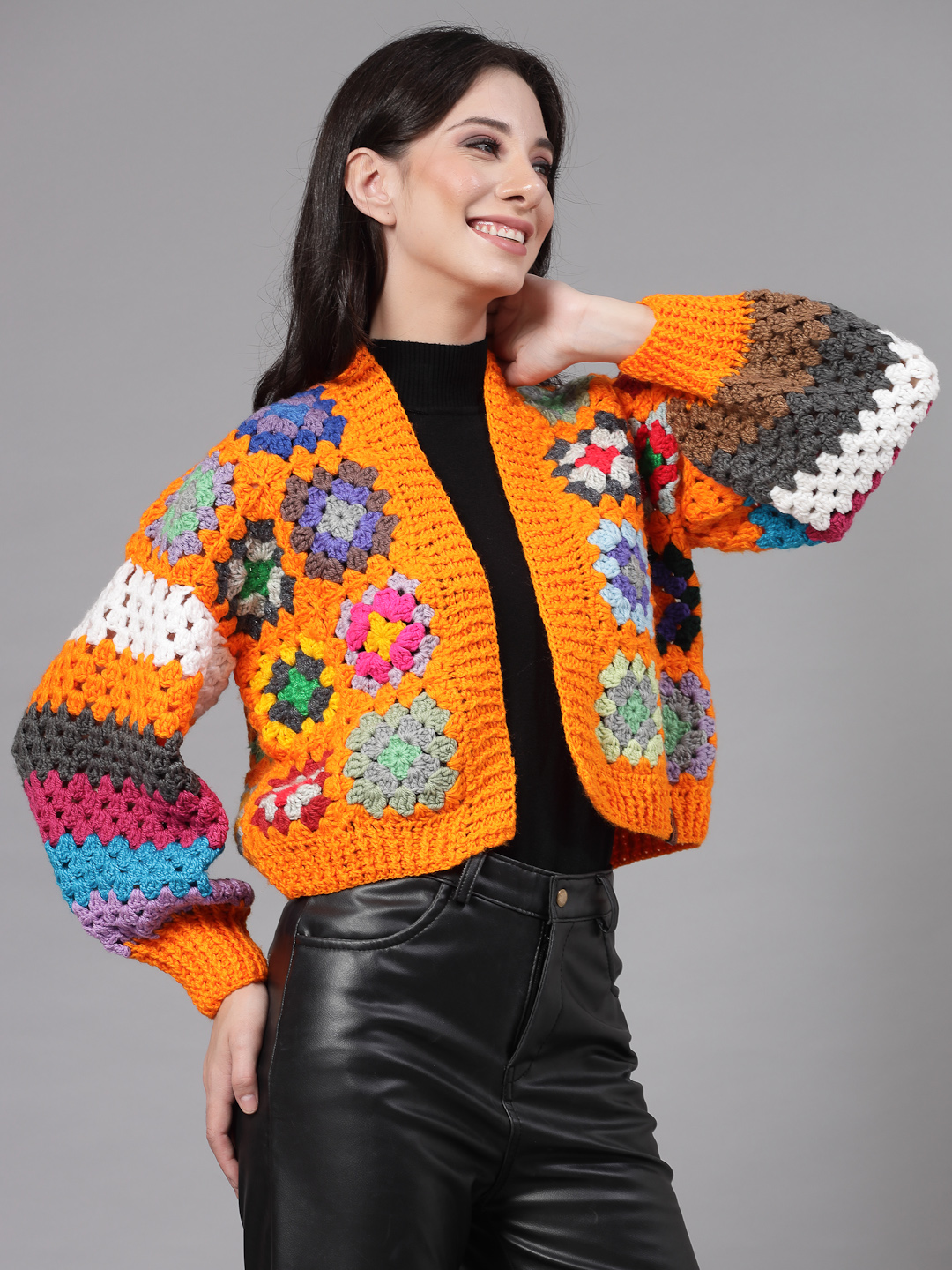 Granny Square Baggy Sweater for Women  Orange