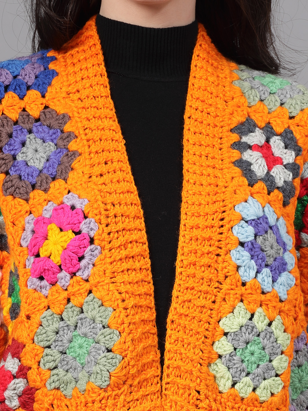 Granny Square Baggy Sweater for Women  Orange