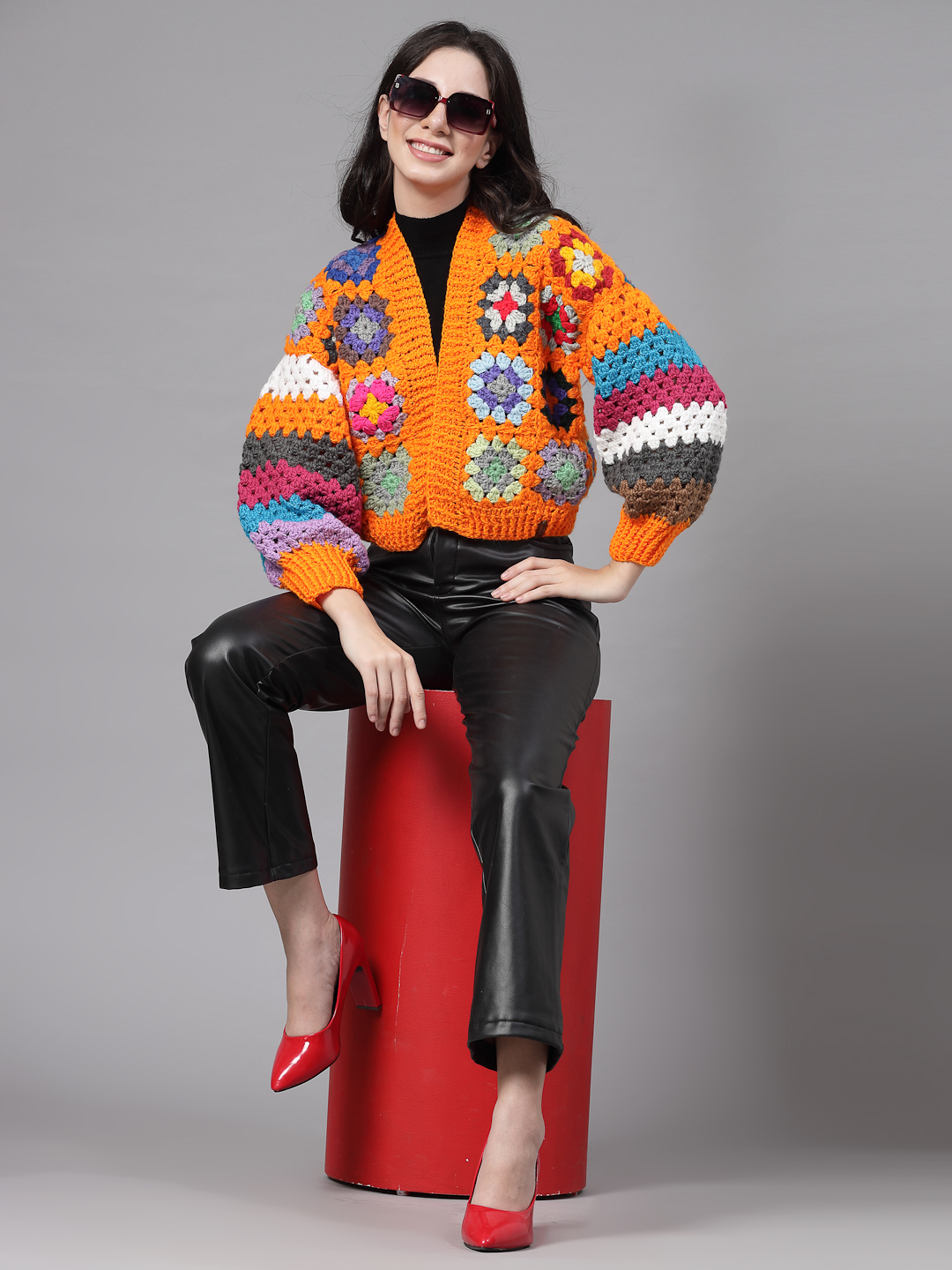 Granny Square Baggy Sweater for Women  Orange