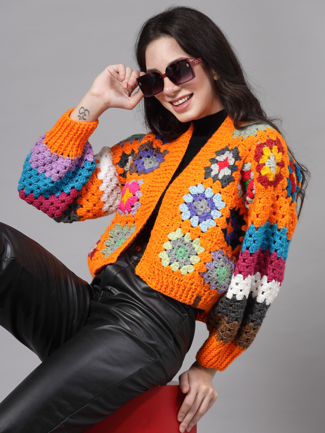Granny Square Baggy Sweater for Women  Orange