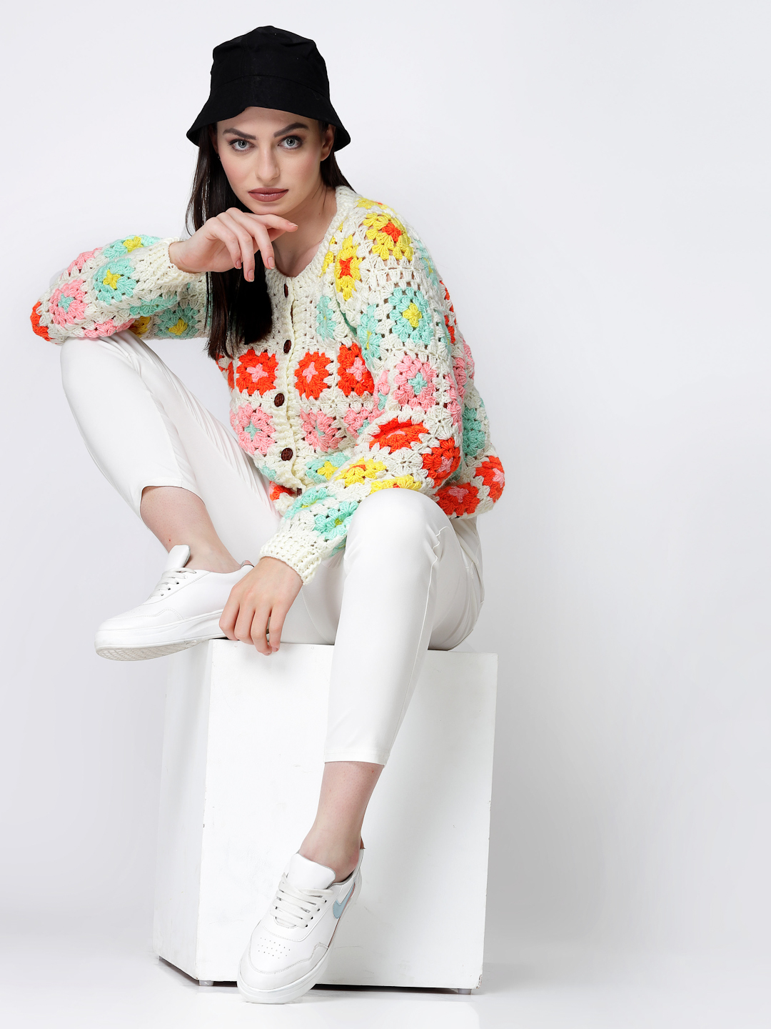 Womens Crochet Front Open Granny Square Cardigan - Multi