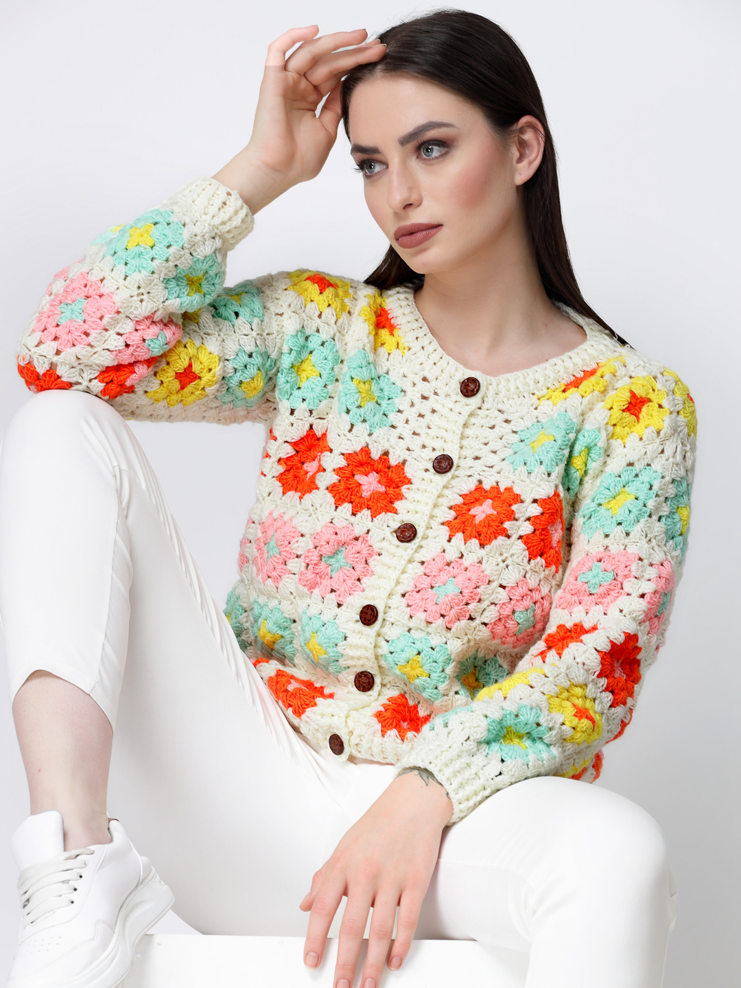 Womens Crochet Front Open Granny Square Cardigan - Multi