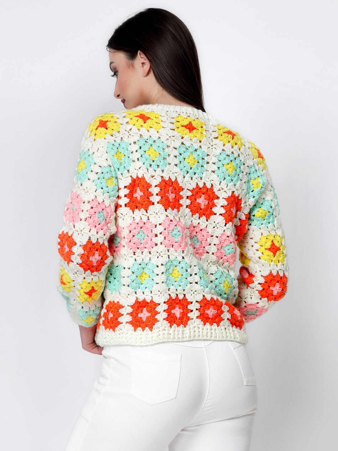 Womens Crochet Front Open Granny Square Cardigan - Multi