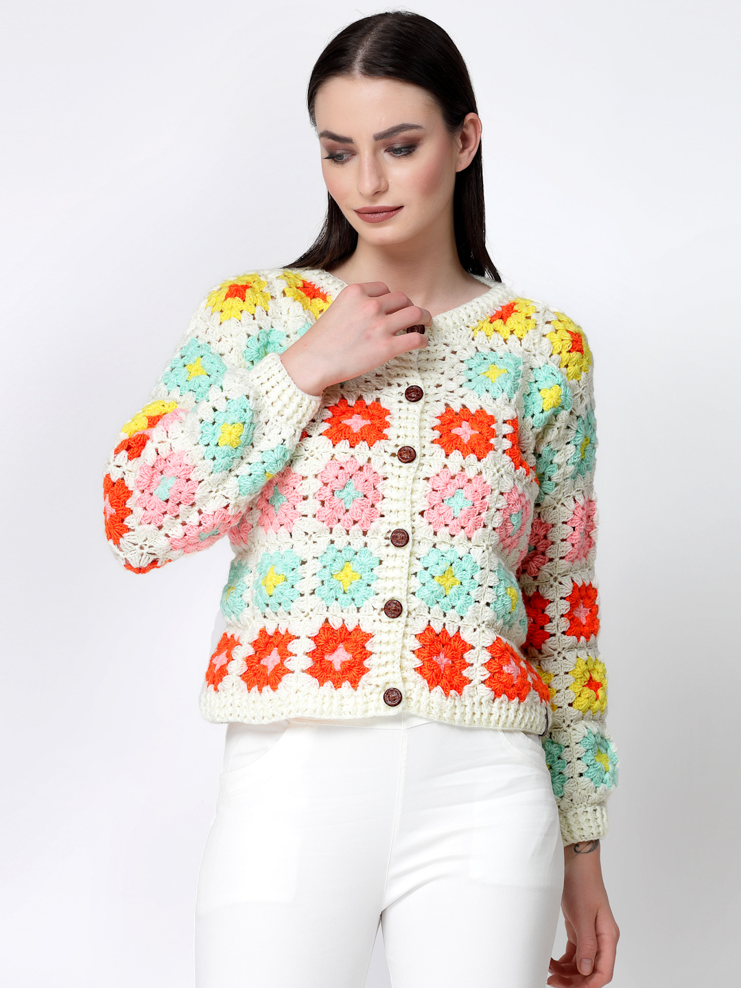 Womens Crochet Front Open Granny Square Cardigan - Multi