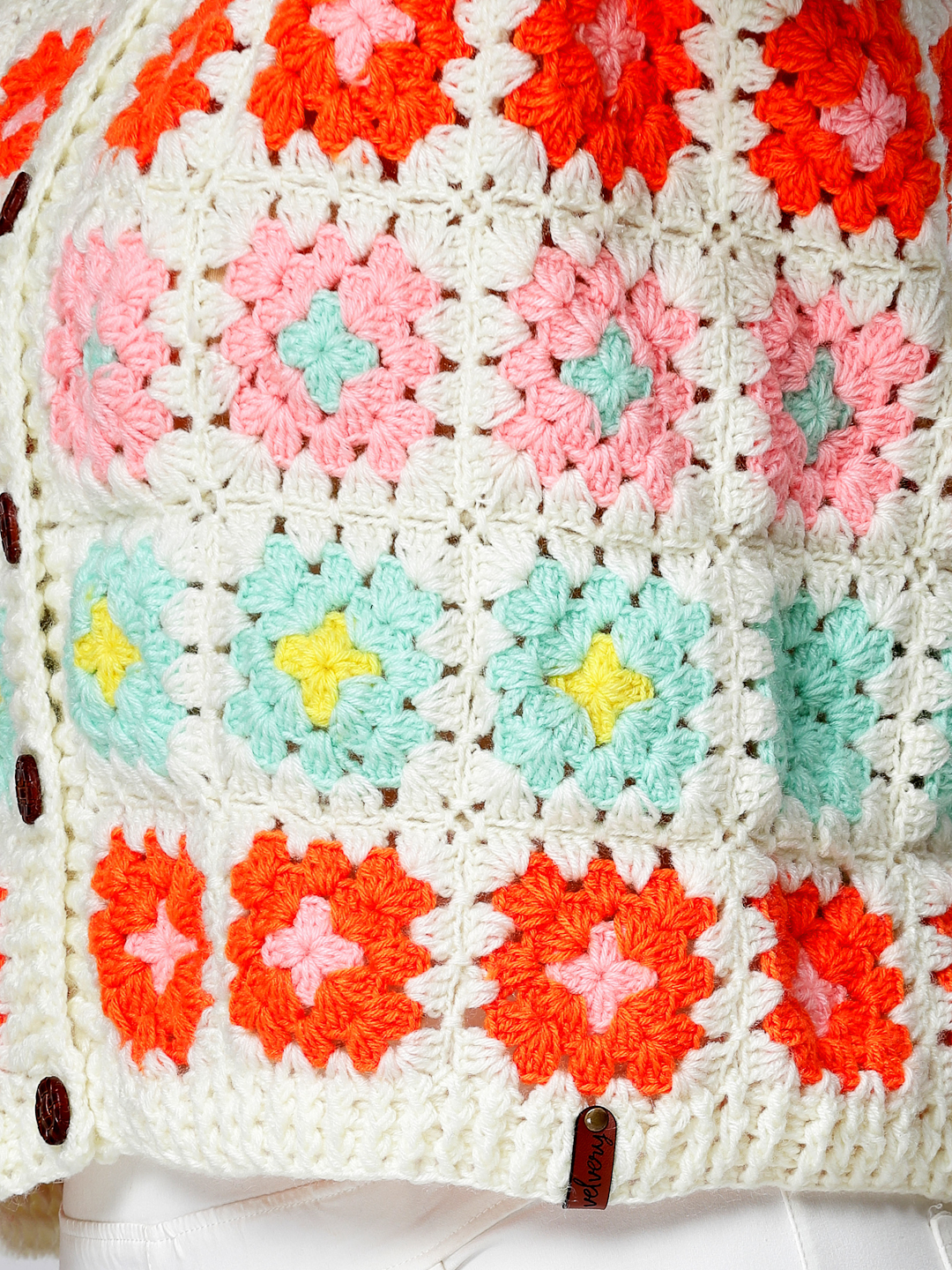 Womens Crochet Front Open Granny Square Cardigan - Multi