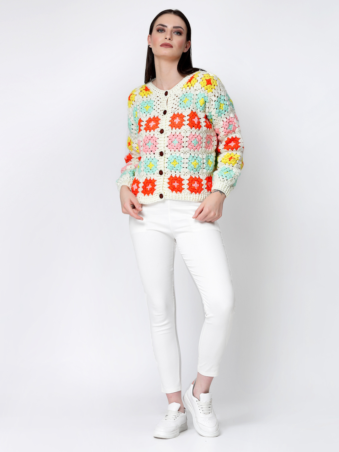 Womens Crochet Front Open Granny Square Cardigan - Multi