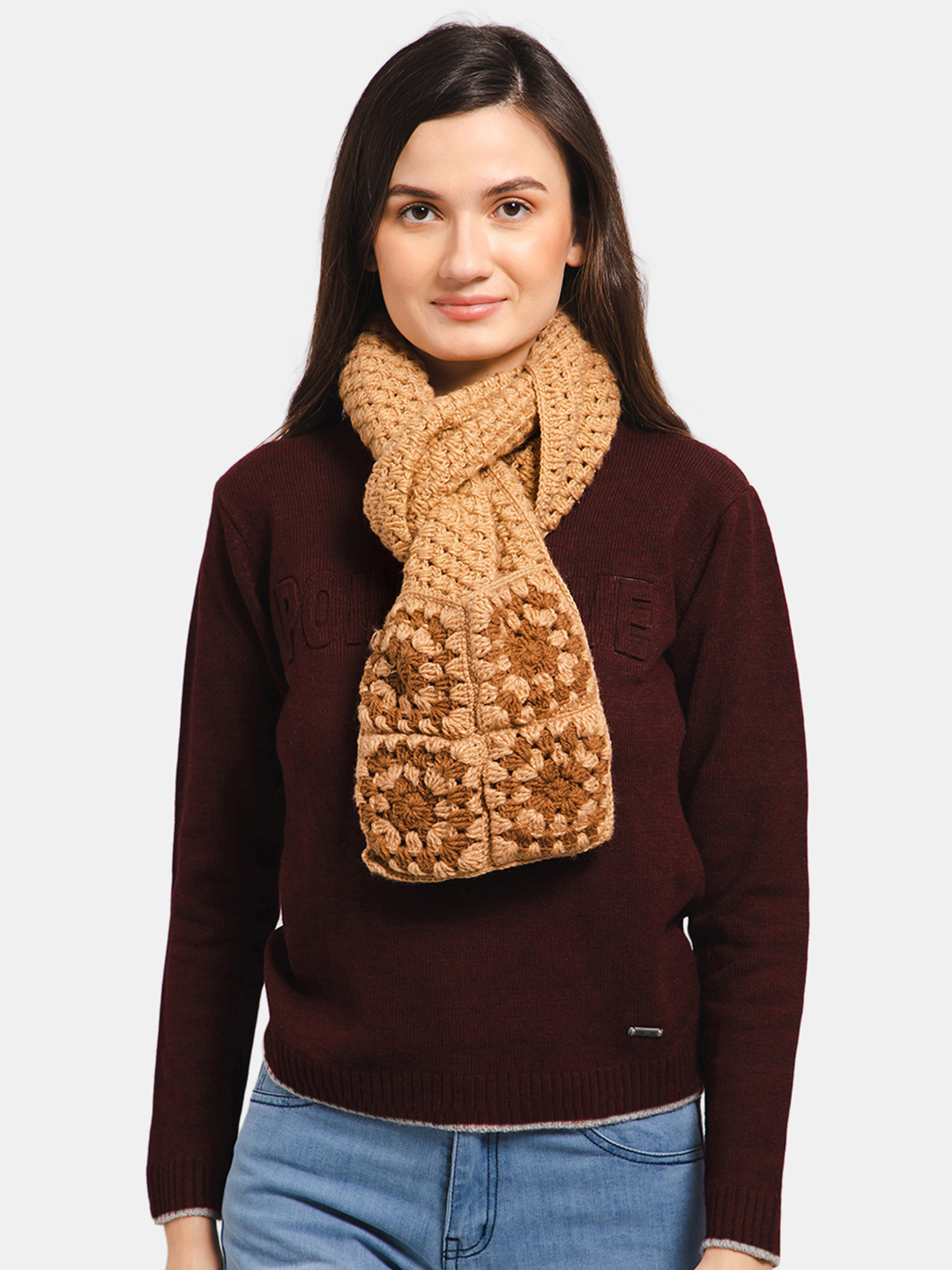 Granny Square Muffler with Pockets for Women - Beige