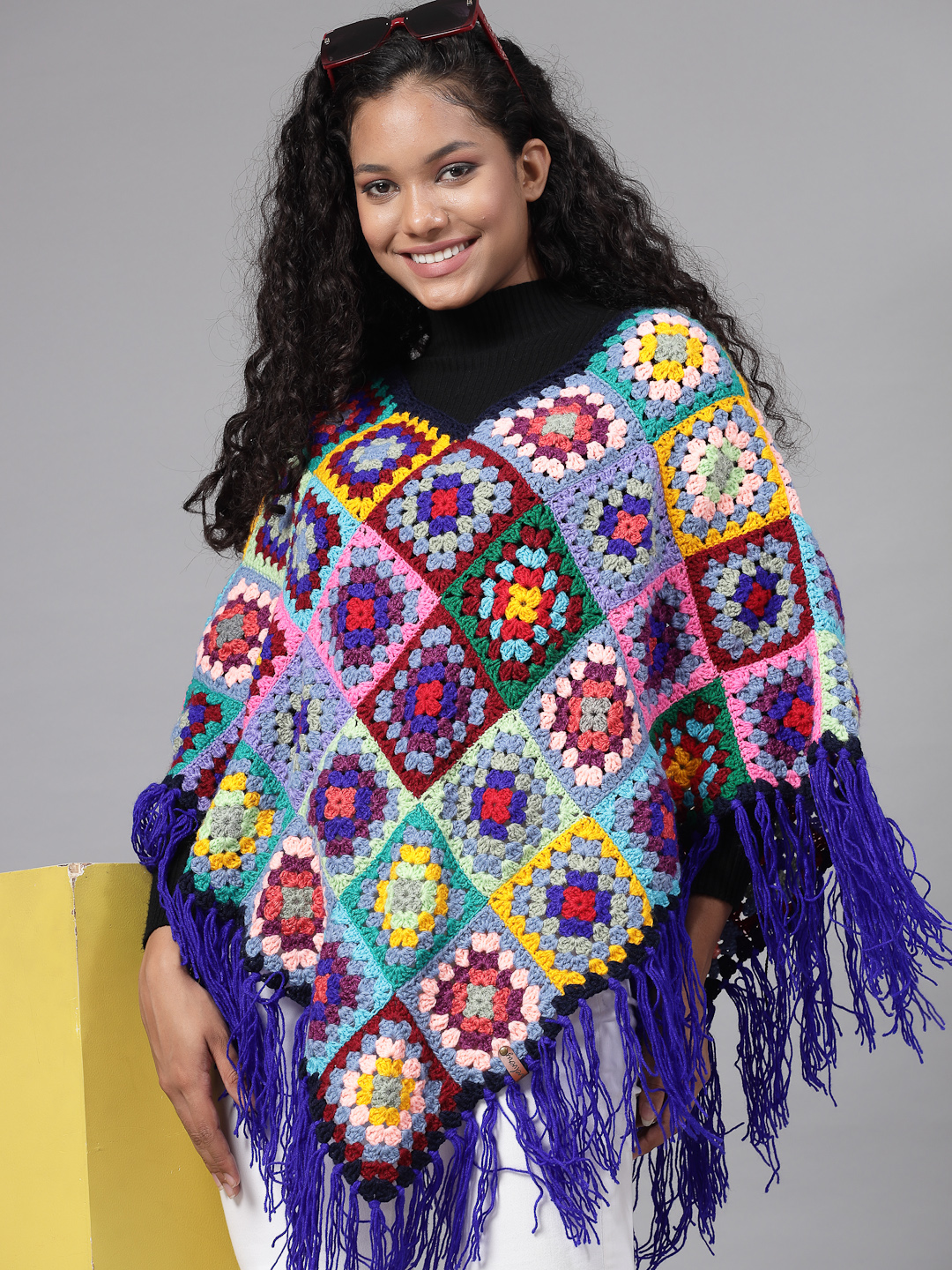 Granny Square Poncho with Fringe Trim - Multi