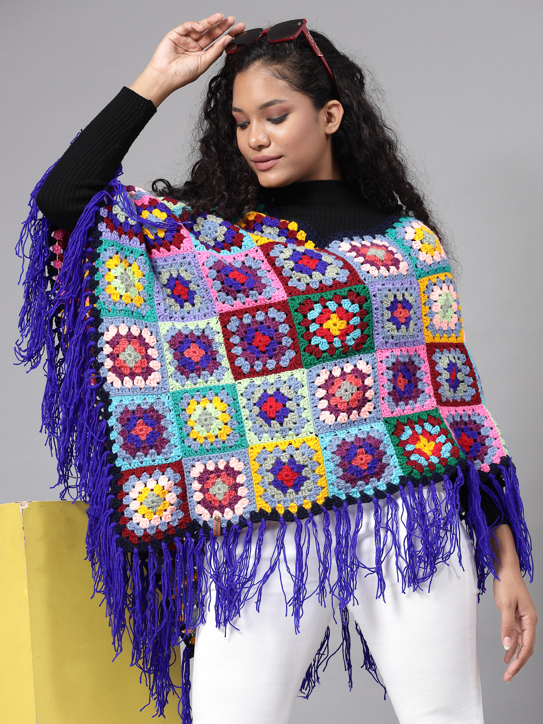Granny Square Poncho with Fringe Trim - Multi