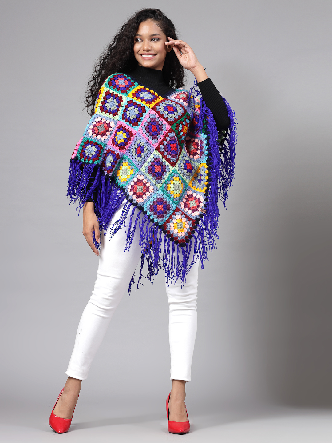 Granny Square Poncho with Fringe Trim - Multi