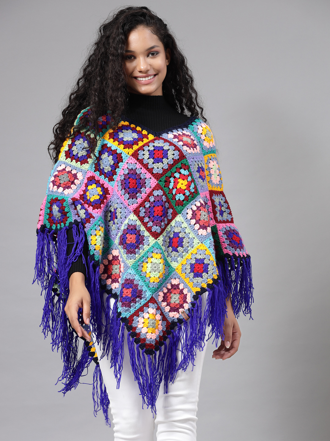 Granny Square Poncho with Fringe Trim - Multi