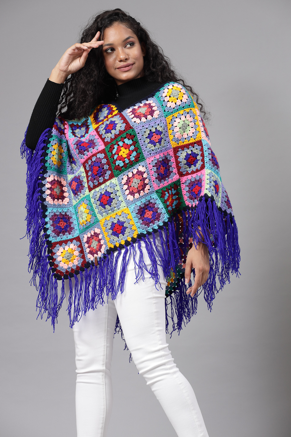 Granny Square Poncho with Fringe Trim - Multi