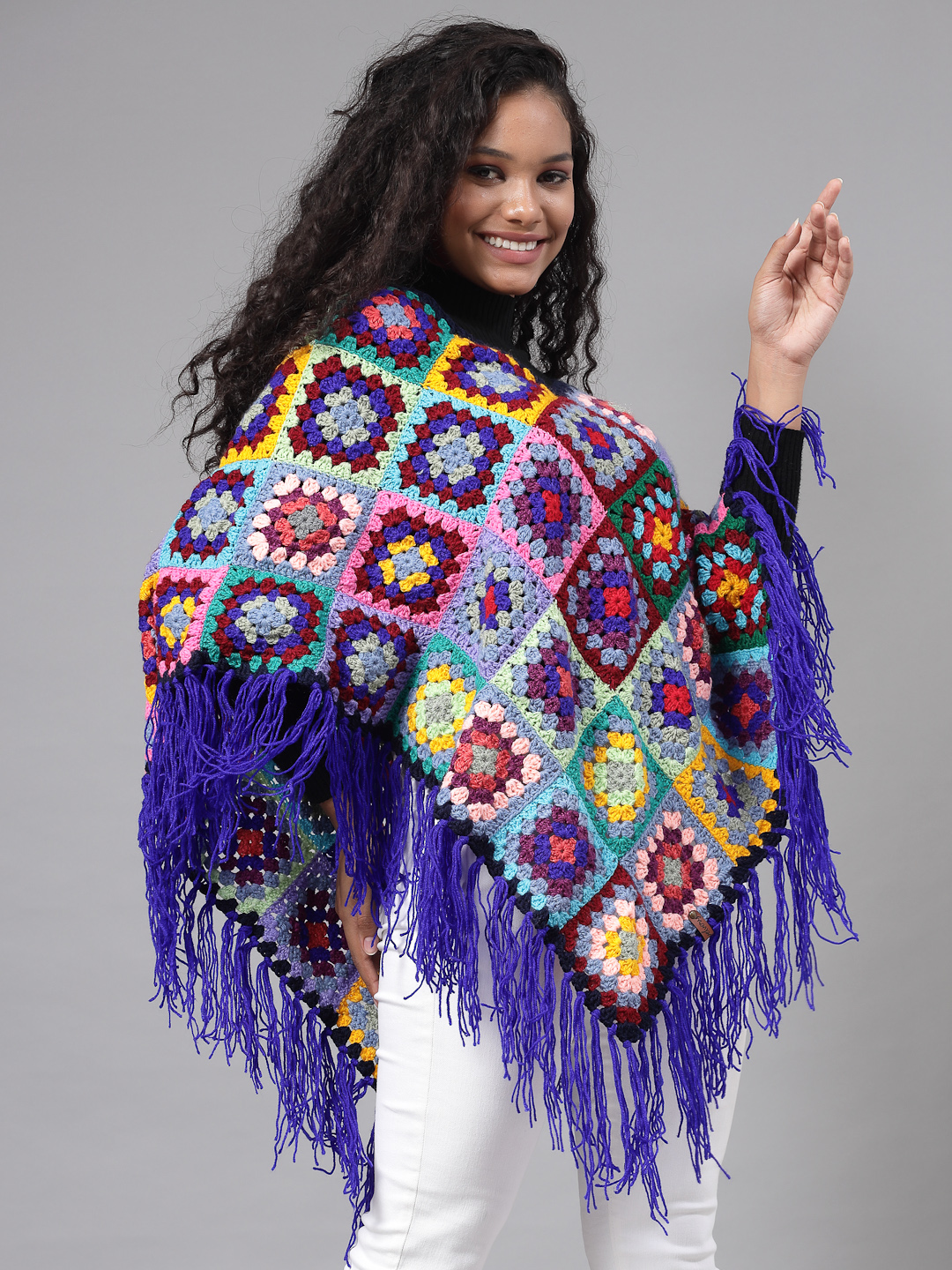 Granny Square Poncho with Fringe Trim - Multi