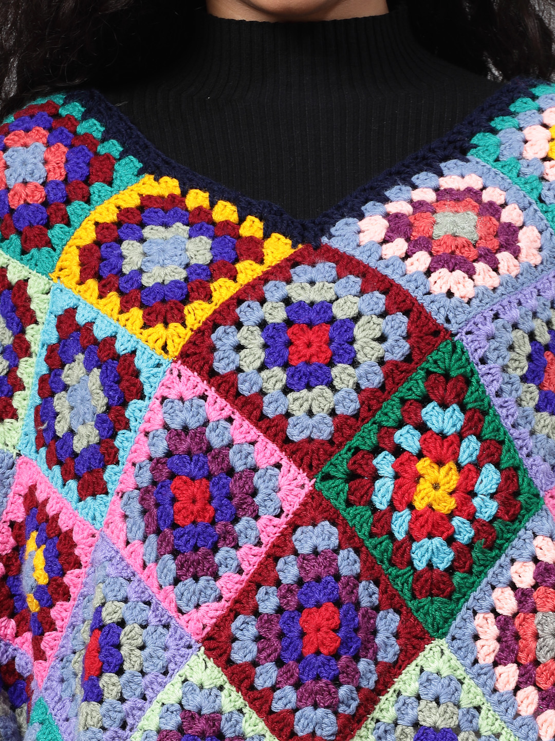 Granny Square Poncho with Fringe Trim - Multi